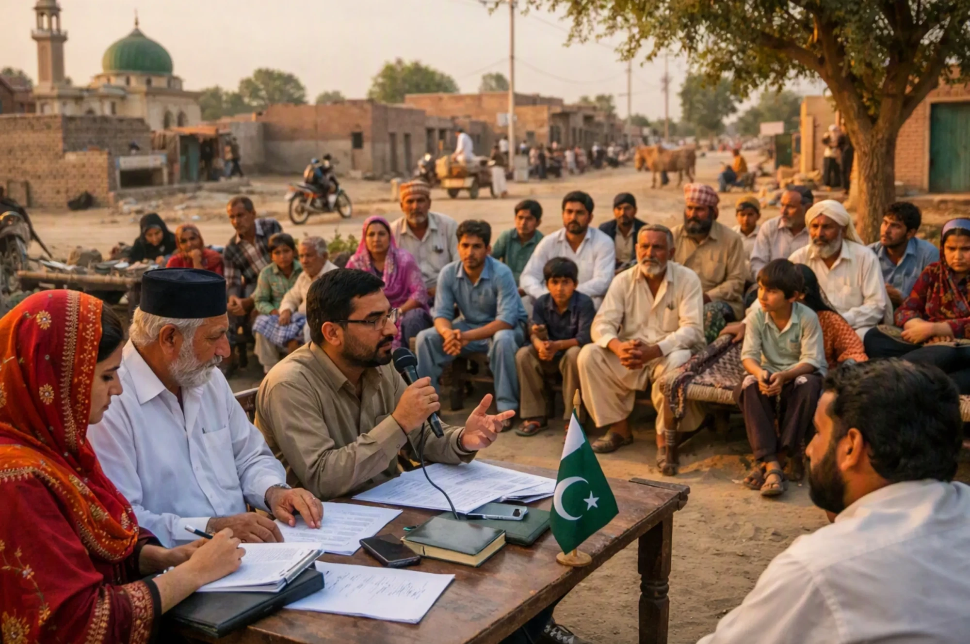 A village council meeting in rural Pakistan where local representatives and community members discuss development issues under warm evening light.